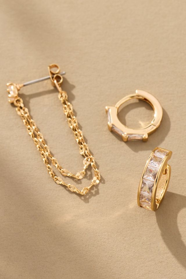 Crystal Mixed Shapes Huggie Hoop Earrings, Set of 3