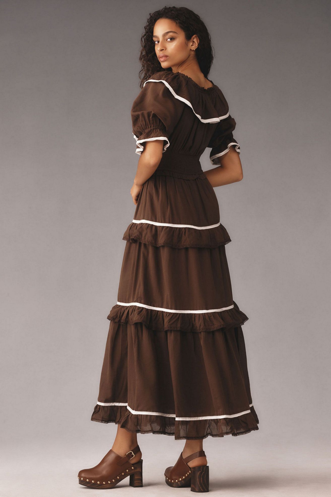 Puff-Sleeve Scoop-Neck Tiered Maxi Dress