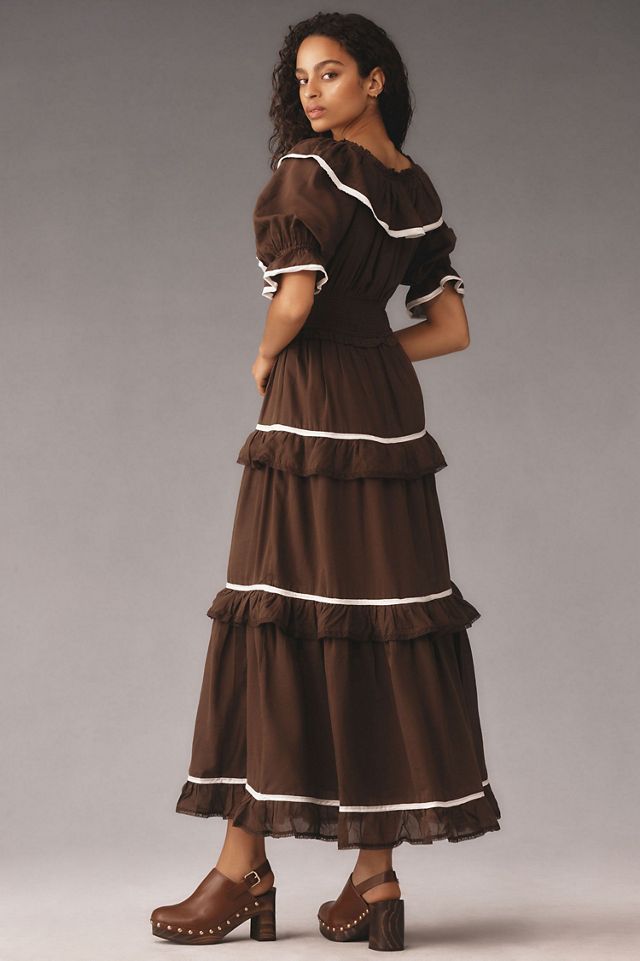 Puff-Sleeve Scoop-Neck Tiered Maxi Dress #1