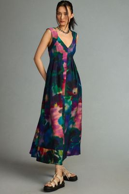 Printed V-Neck Pleated A-Line Dress