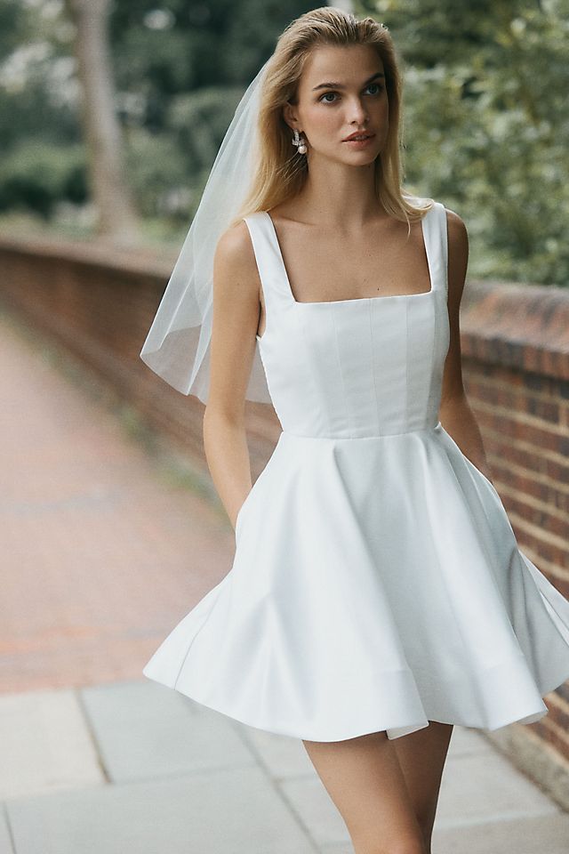 fit mini dress Velvi - Evelyn - Ruched Bustier Short Dress - Hot Pink and bow front BHLDN Sleeveless Square-Neck Fit &