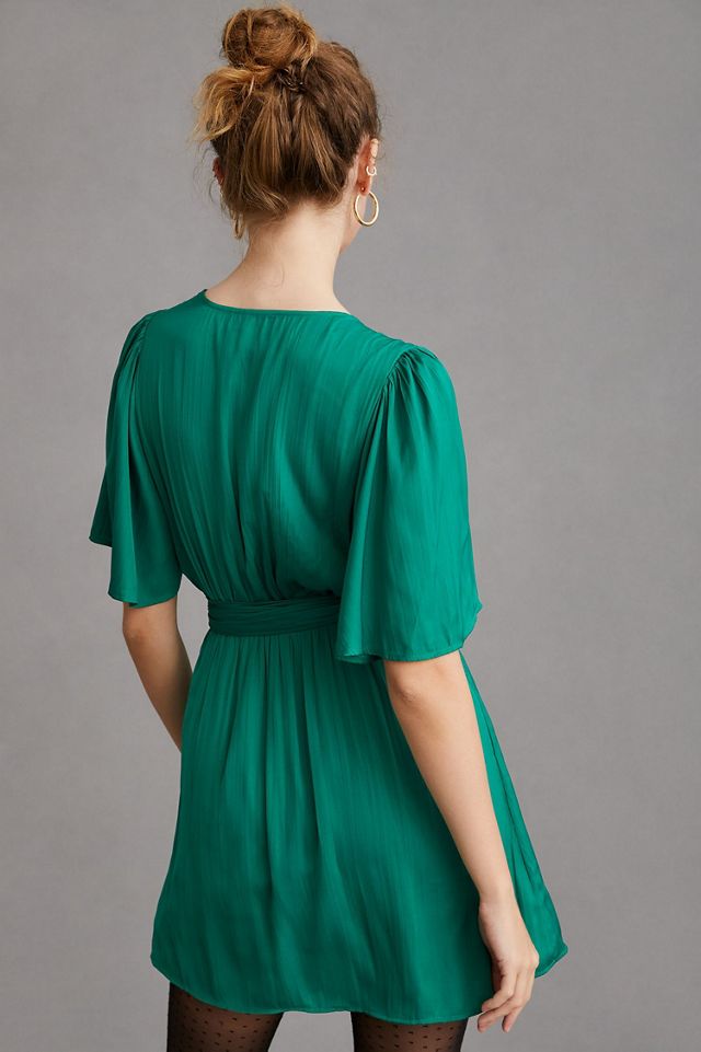 green wrap mini dress Spruce-Green Satin Collared Wrap Mini-Dress main image 0