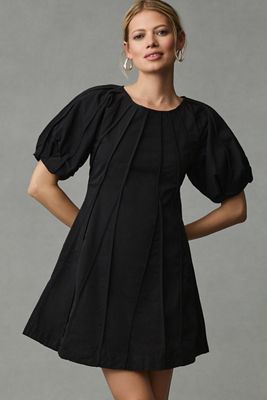 Aureta Puff-Sleeve Seamed A-Line Dress
