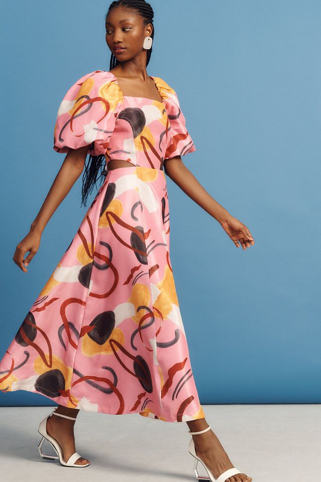 Aureta Printed Linen Puff-Sleeve Cutout Dress #3