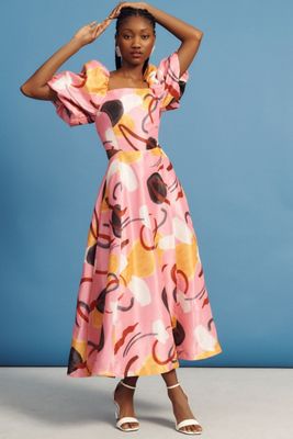 Aureta Printed Linen Puff-Sleeve Cutout Dress