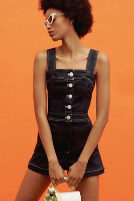 Maeve The Portside Button-Front Romper: Denim Edition