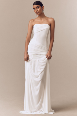 Misha Ember Strapless Wrapped Drop-waist Maxi Dress In White