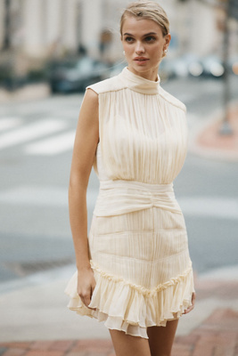 Shona Joy Victoria Sleeveless Ruched Chiffon Mini Dress In Neutral
