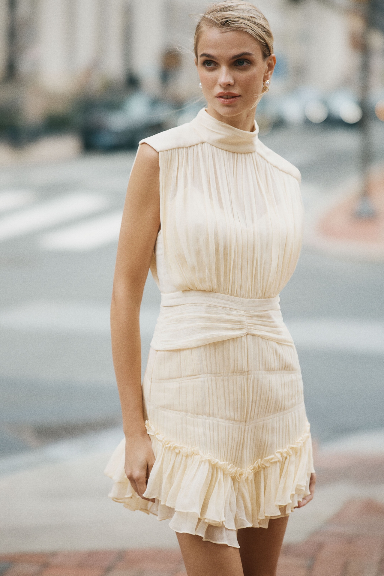 Shona Joy Victoria Sleeveless Ruched Chiffon Mini Dress