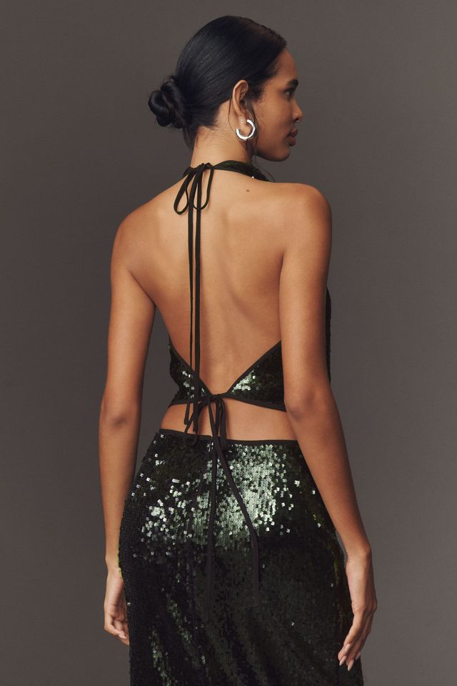 Shona Joy Olympia Sequin Cowl-Neck Halter Top #1