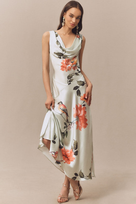 Cowl-Neck Open-Back Floral Drop-Waist Midi Dress