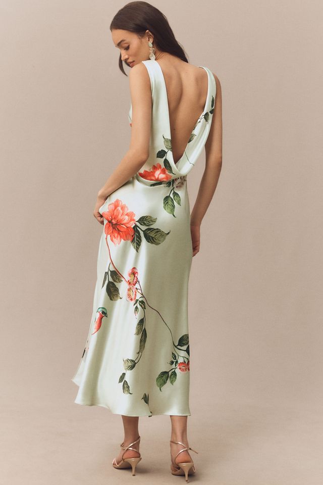 BHLDN Cowl-Neck Open-Back Floral Drop-Waist Midi Dress