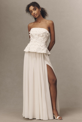 Bhldn Strapless Embellished Peplum Pleated Maxi Dress In White