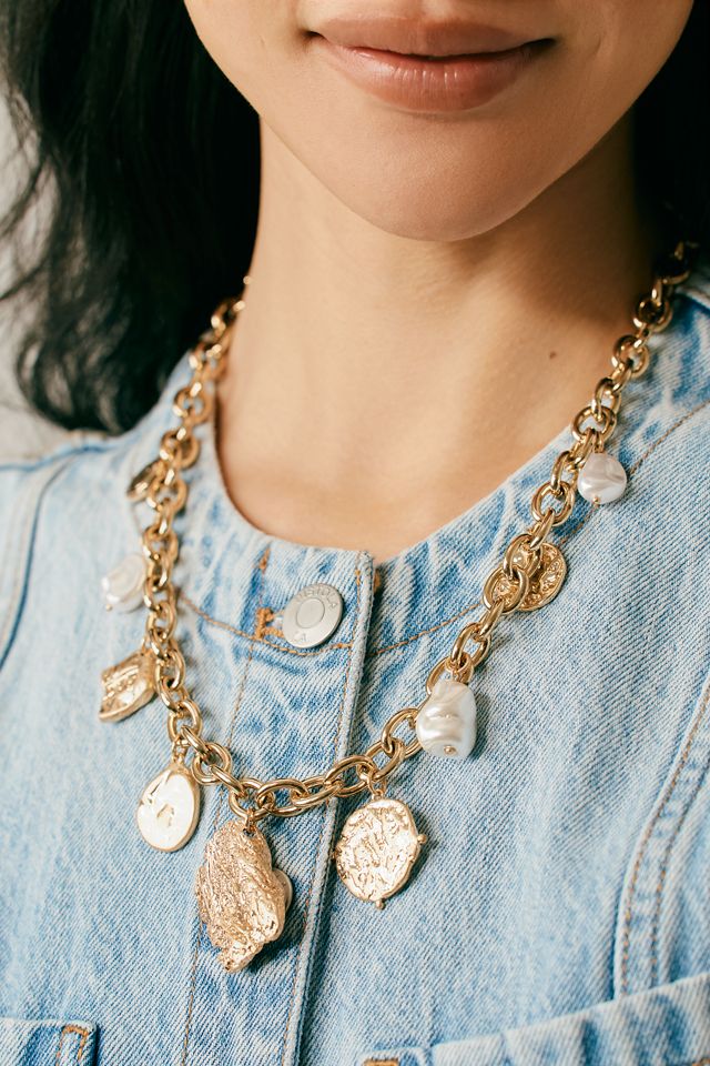 Pearl & Molten Charm Toggle Cable Chain Necklace #1