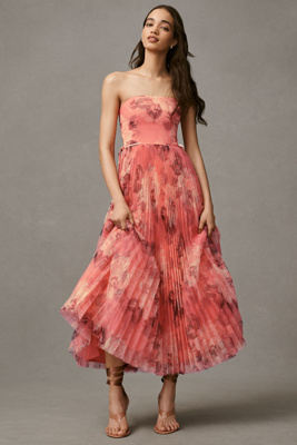 Hutch Costella Strapless Pleated Floral Tulle Midi Dress In Pink