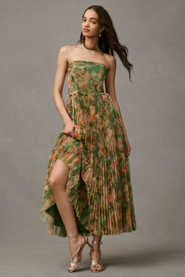 Hutch Costella Strapless Pleated Floral Tulle Midi Dress In Green