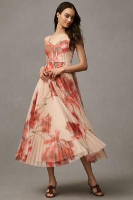 Hutch Brianna Sleeveless Bustier Pleated Tulle Maxi Dress In Red
