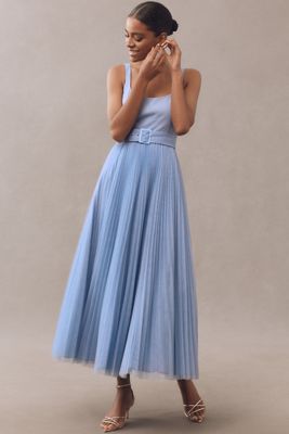 Hutch Effy Sleeveless Square-Neck Belted Pleated Tulle Maxi Dress