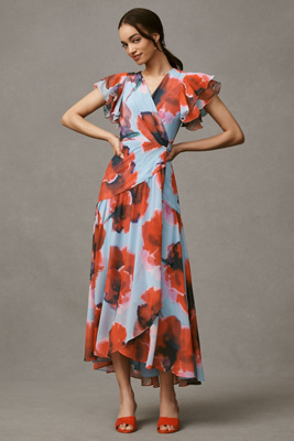 Zola Flutter-Sleeve Wrap Maxi Dress