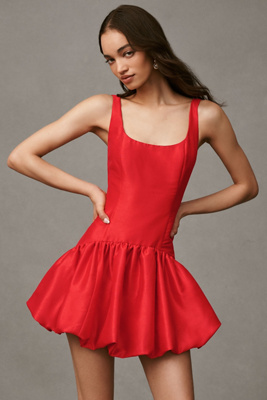 Hutch Sleeveless Satin Drop-waist Bubble Mini Dress In Red