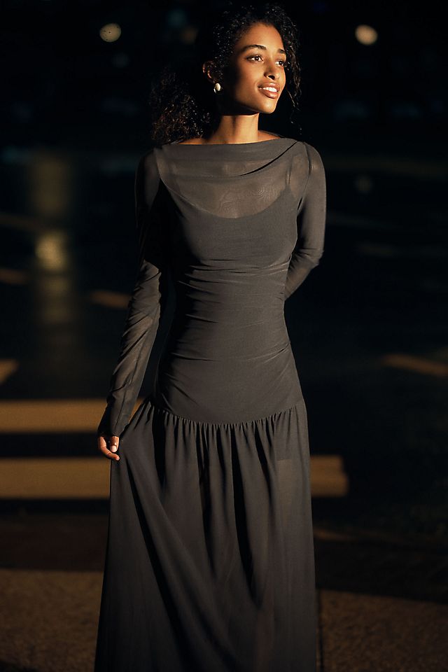 sheer sleeve maxi dress Snyder Long | Cream | Womens framed by long sheer sleeves Apres | Black Velvet Bodycon