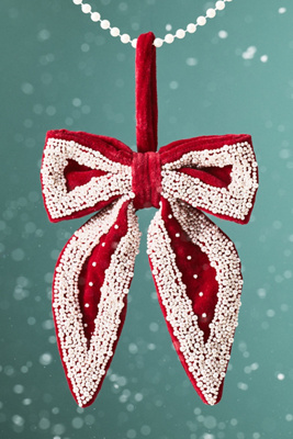 Anthropologie Gigi Beaded Velvet Bow Ornament In Red