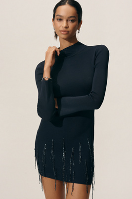Elena Long-Sleeve Beaded Mini Fringe Dress