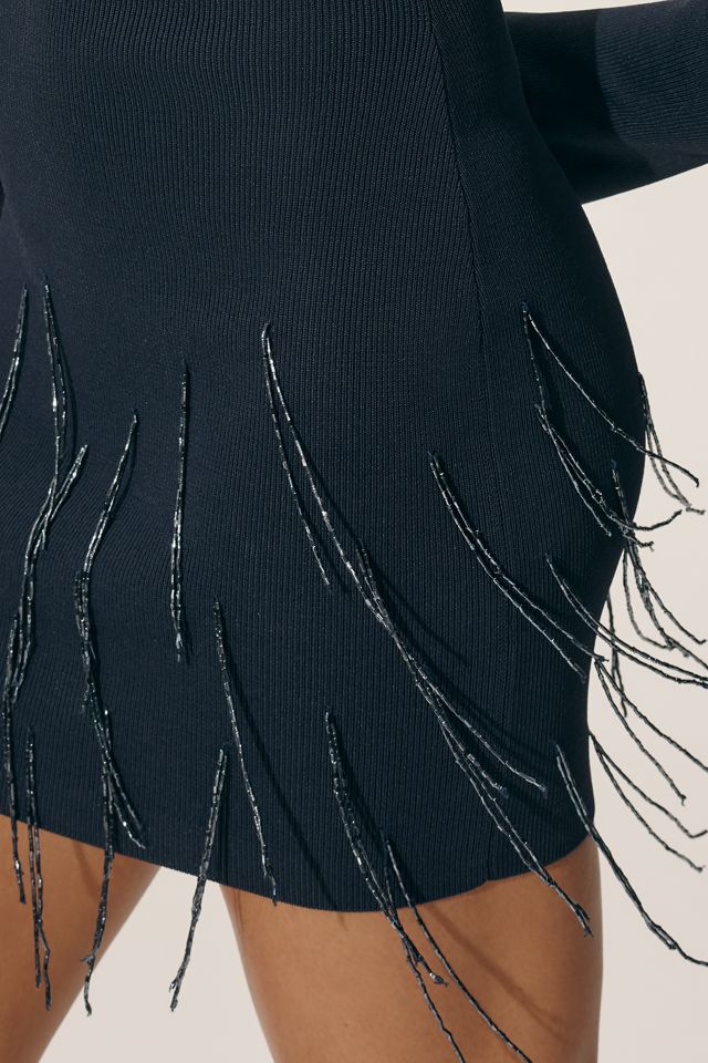 black fringe dress long sleeve Chiffon-devoré midi dress with fringe trim main image 1