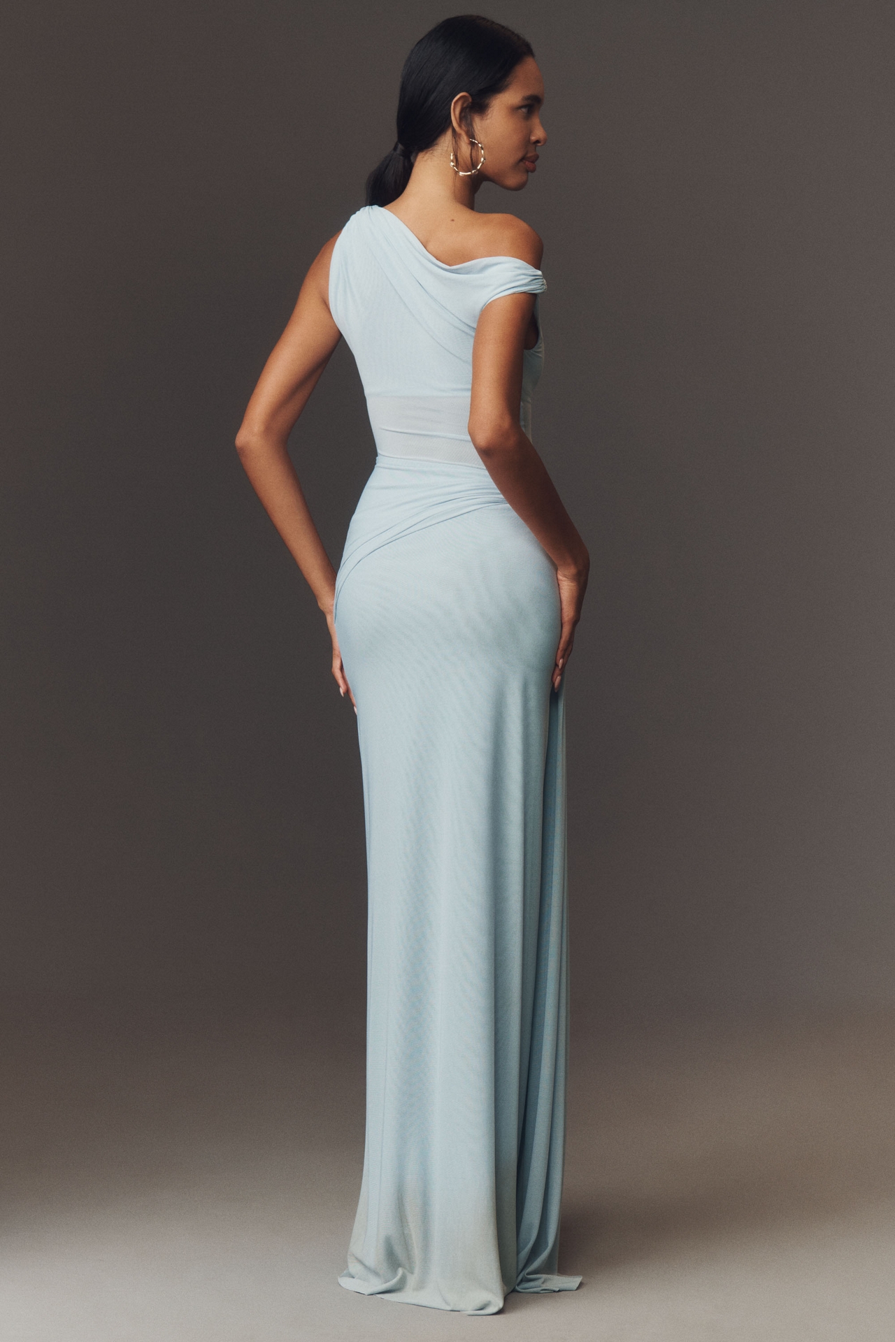 MISHA Sisal One-Shoulder Twist Mesh Maxi Dress