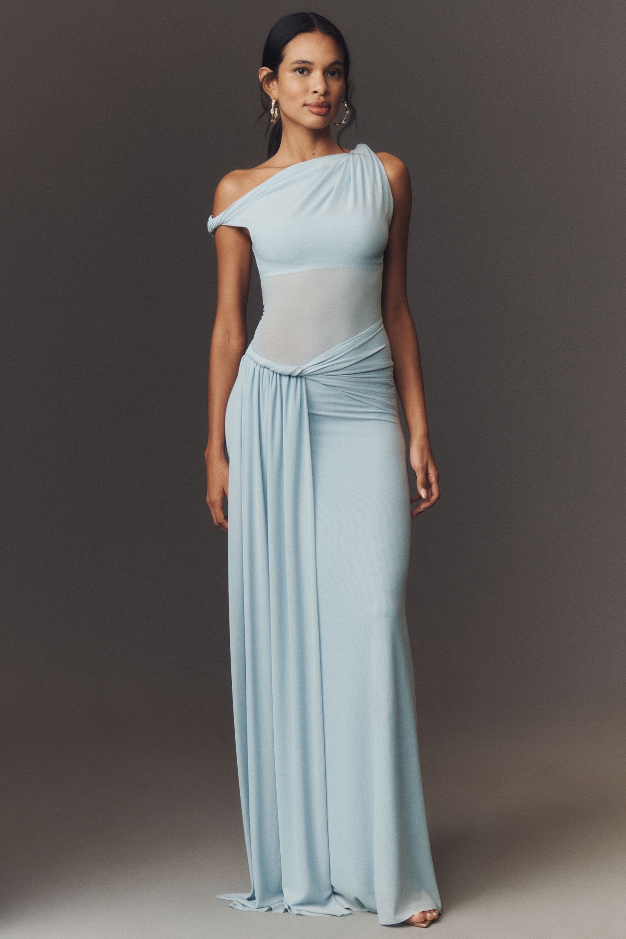 MISHA Sisal One-Shoulder Twist Mesh Maxi Dress
