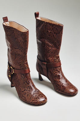 Farm Rio Embossed Harness Kitten Heel Boots In Brown