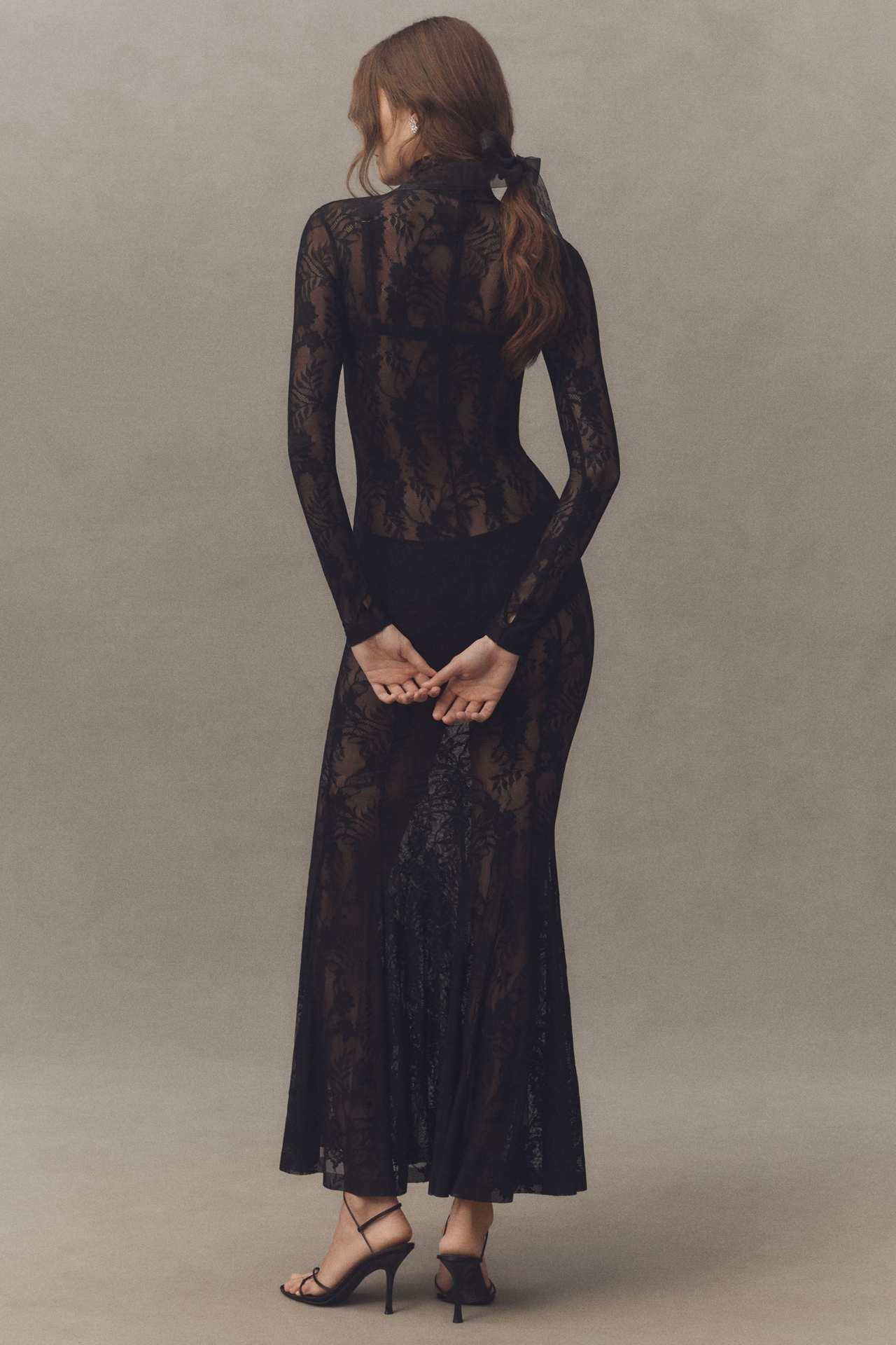Norma Kamali Sheer Lace Long-Sleeve High-Neck Maxi Dress