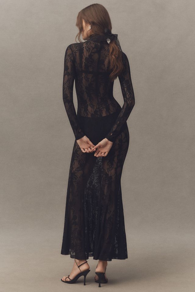 Norma Kamali Sheer Lace Long-Sleeve High-Neck Maxi Dress #2