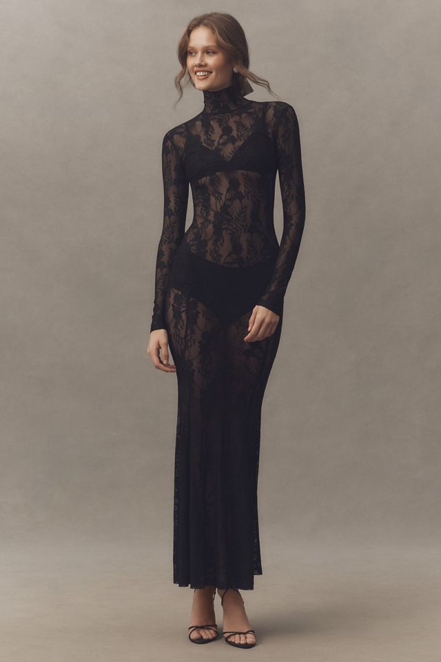 Norma Kamali Sheer Lace Long-Sleeve High-Neck Maxi Dress #1