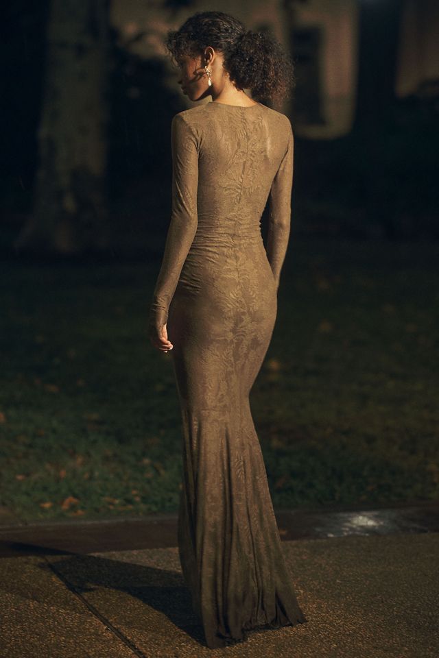 Norma Kamali Long-Sleeve V-Neck Shirred Maxi Dress #1