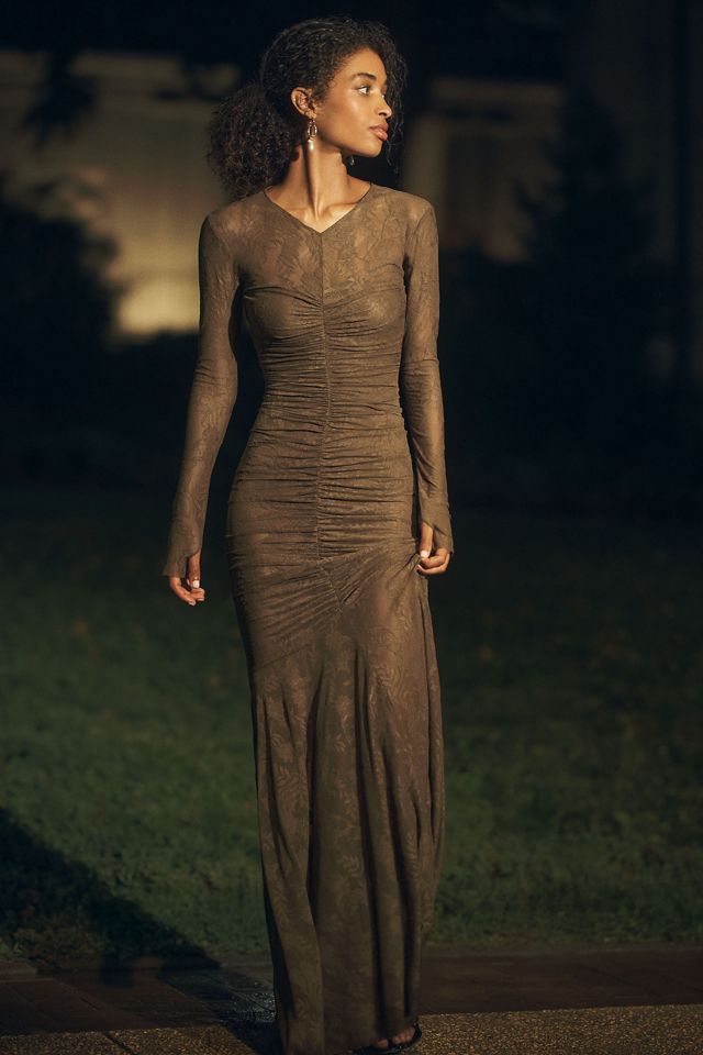 Norma Kamali Long-Sleeve V-Neck Shirred Maxi Dress #3