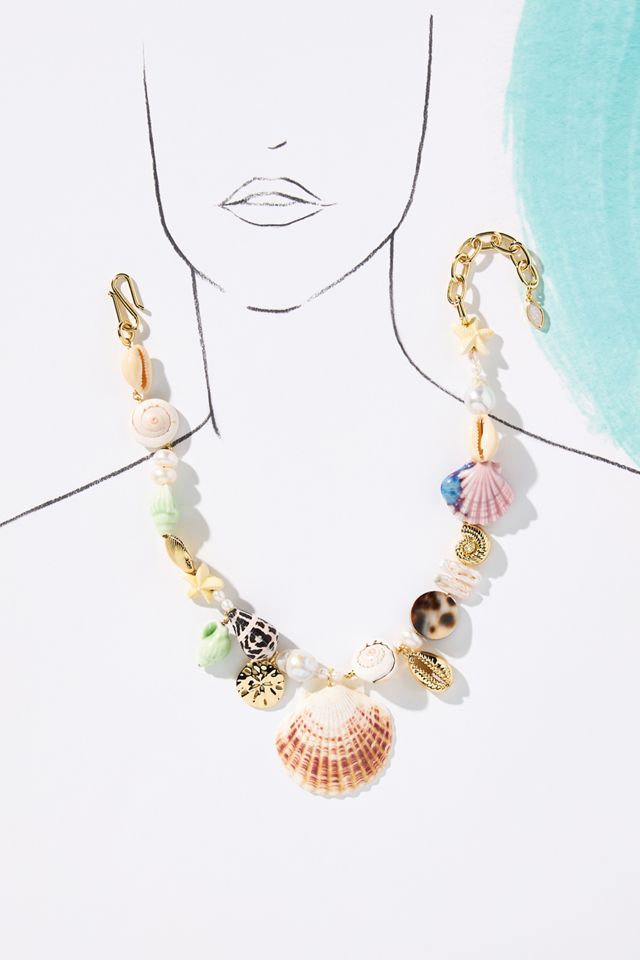 Mignonne Gavigan Emmi Shell Necklace | Anthropologie Mignonne Gavigan Concha Necklace Cerulean Teal Rope Gold Shell BRAND NEW W/ TAGS main image 0