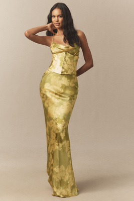 De La Vali Cleodora Silk Corset Maxi Gown In Gold