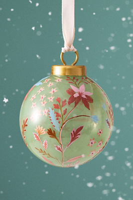 Anthropologie Handpainted Floral Glass Ornament In Green