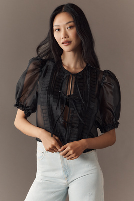 MABLE Sheer Tie-Front Puff-Sleeve Blouse | Anthropologie