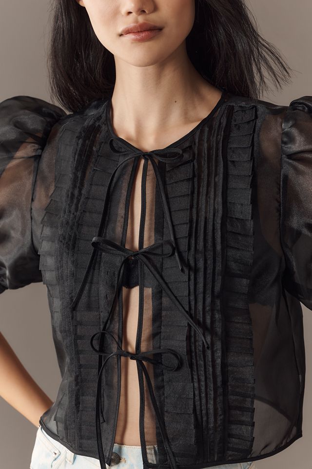 MABLE Sheer Tie-Front Puff-Sleeve Blouse #1