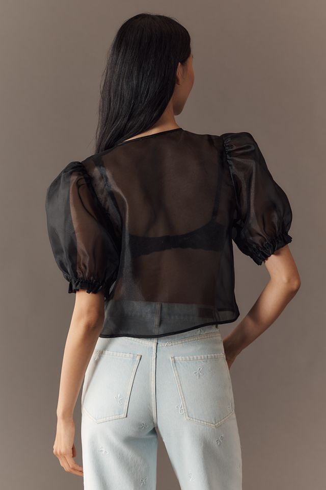 MABLE Sheer Tie-Front Puff-Sleeve Blouse #2