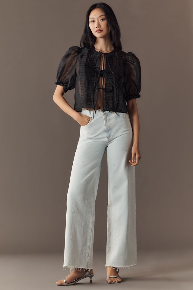 MABLE Sheer Tie-Front Puff-Sleeve Blouse #3