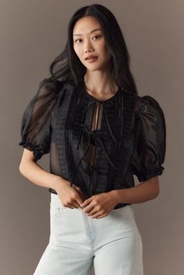 MABLE Sheer Tie-Front Puff-Sleeve Blouse