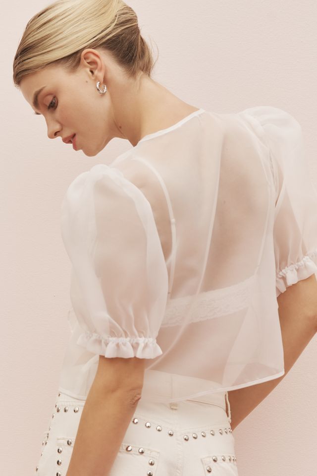 MABLE Sheer Tie-Front Puff-Sleeve Blouse #1