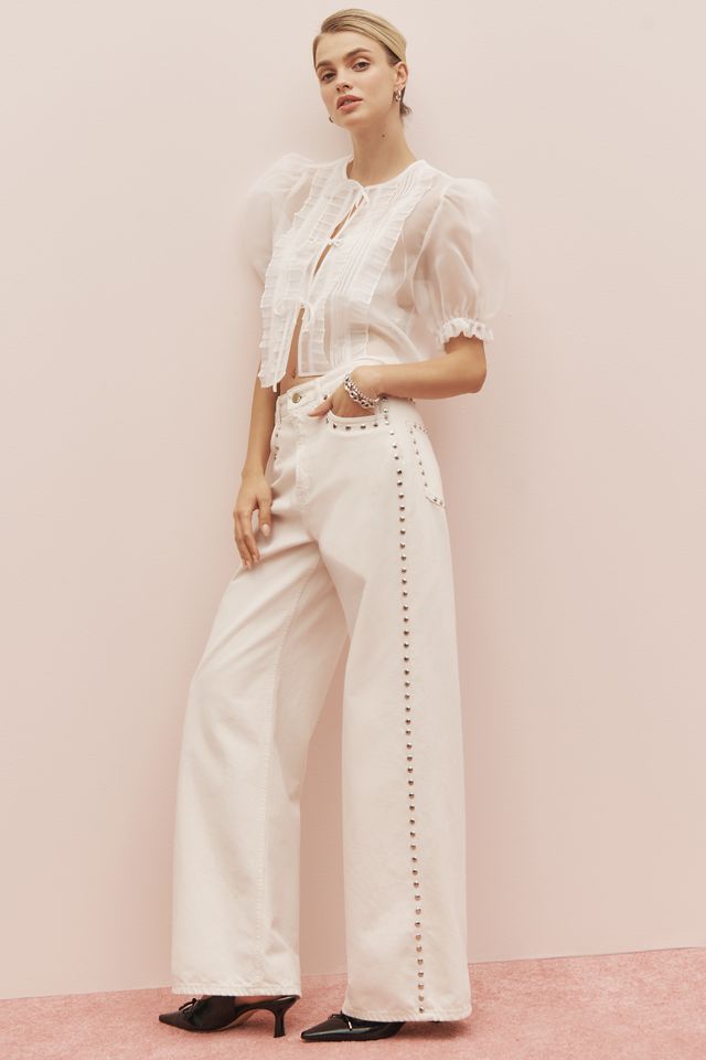 MABLE Sheer Tie-Front Puff-Sleeve Blouse #2