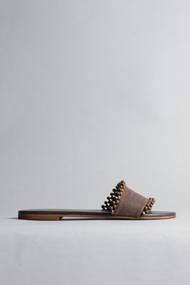Kaanas Cala Linen Asymmetric Beaded Slide Sandals In Brown