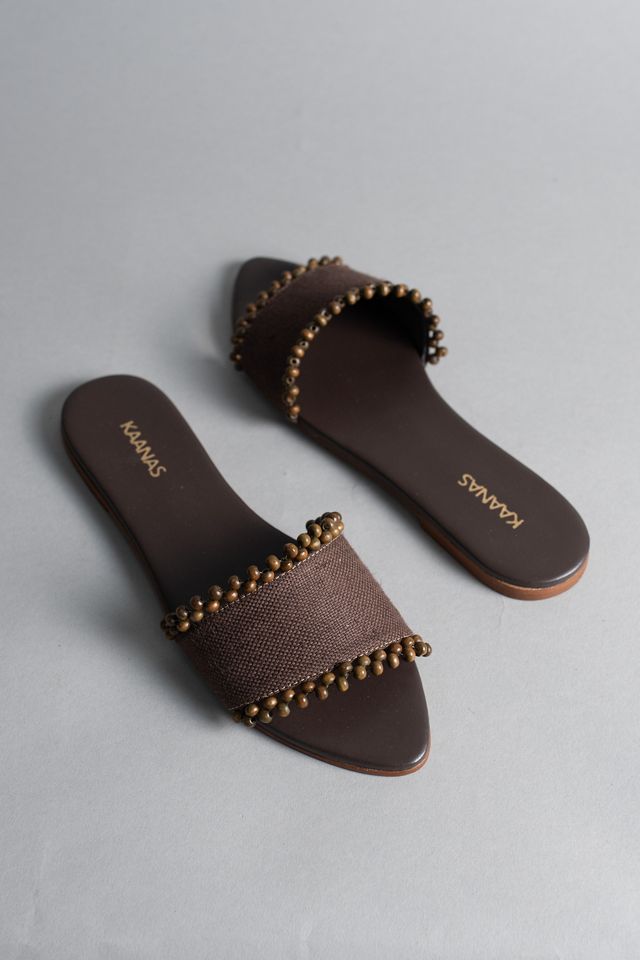 Kaanas Cala Linen Asymmetric Beaded Slide Sandals #1