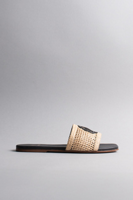 Kaanas Meera Fishnet Slides With Contrast Leather Seashell Black In Black