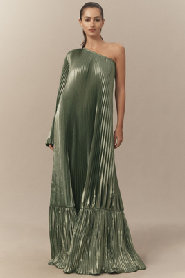 L'idée Mozart Asymmetric One-shoulder Pleated Gown In Green